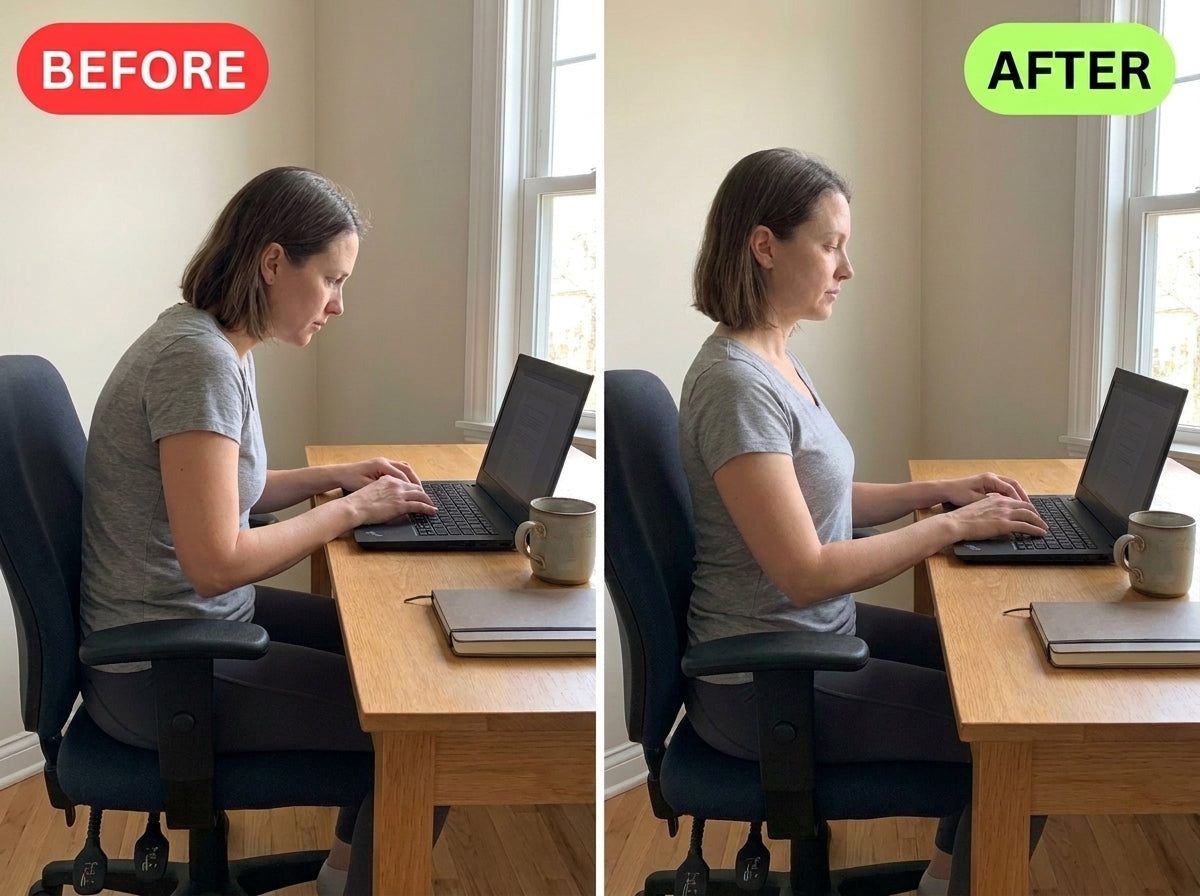 Posture before and after: hunched shoulders versus upright and relaxed
