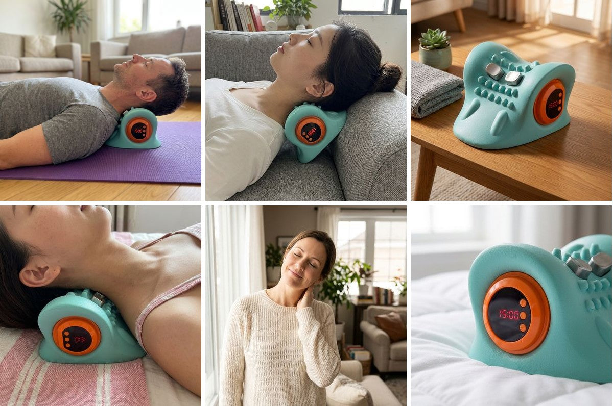 Cervya in real life: in use on the floor, couch and bed, the pillow up close, and the relief afterwards